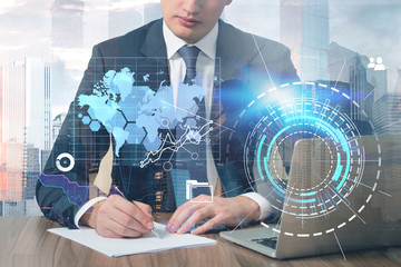 Man in office, hud and infographics interface