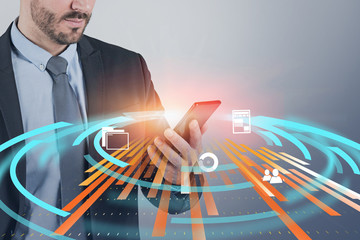 Man with smartphone, business interface