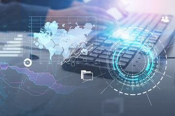 Woman hands typing, hud business interface