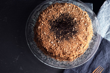 chocolate cake on a dark background