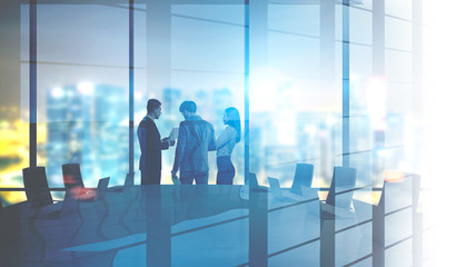 People in meeting room, skyscraper