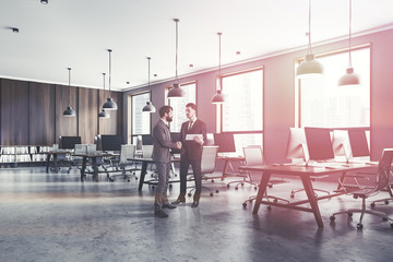 Gray and wooden open space office, men