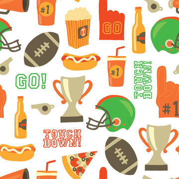 American Football seamless vector pattern. Super Bowl, Helmet, trophy, beer, foam finger, fast food, go and touch down lettering. Vintage style background. For tailgate party, invitation, decor, flyer