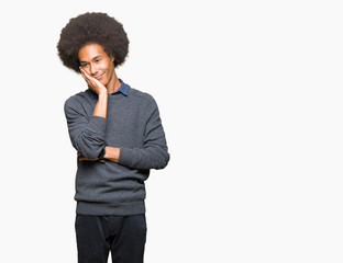 Young african american business man with afro hair thinking looking tired and bored with depression problems with crossed arms.
