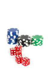 Dices and Casino chips on white Background