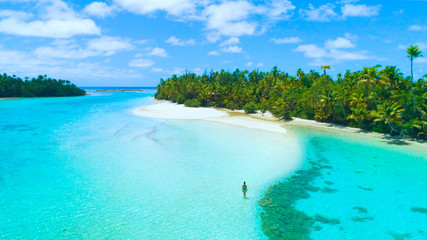DRONE: Unrecognizable girl in bikini walking towards the lush tropical island