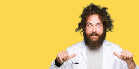 Crazy scientist with funny long hair looking confident with smile on face, pointing oneself with...