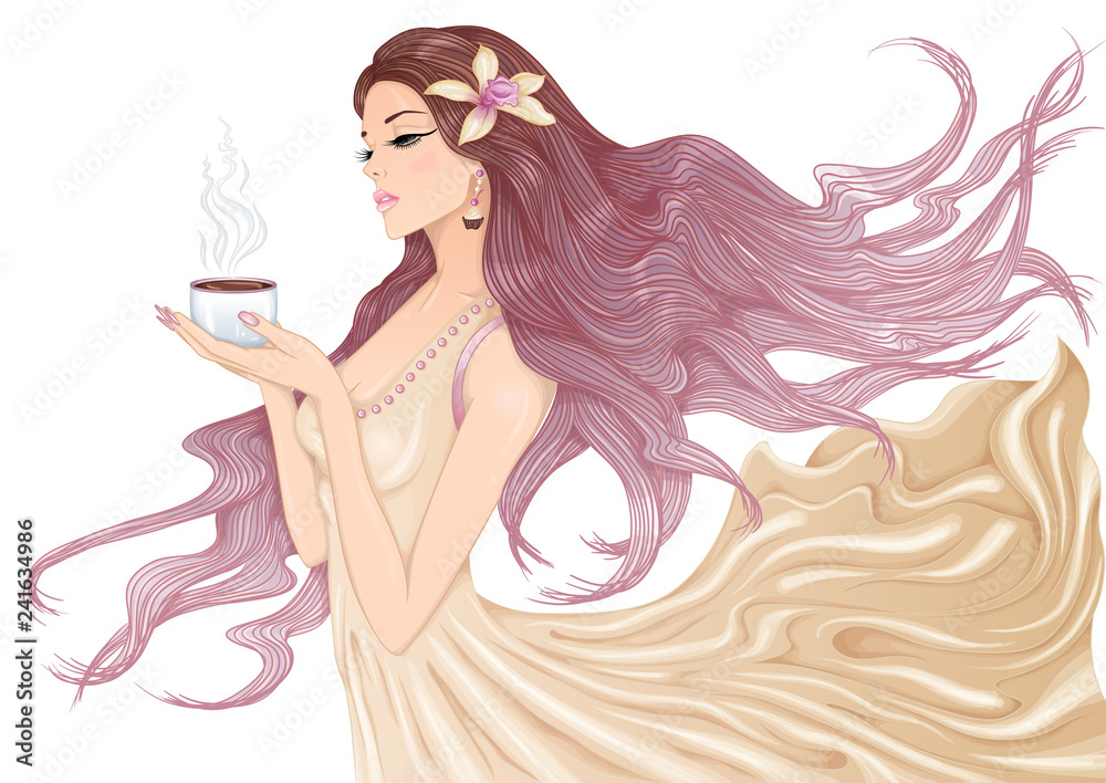 Wall mural Vector illustration of a beautiful young girl with long hair in a flowing dress with a cup of hot coffee or tea in her hands. Isolated on white background.