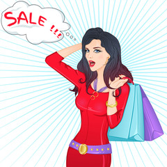 Fashion vector illustration surprised young woman with shopping bags. Illustration in retro style for the poster, flyer, advertising products