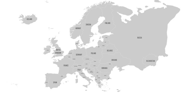Political map of Europe continent in grey. With whole european part of Russia and Kazakhstan. Vector illustration.