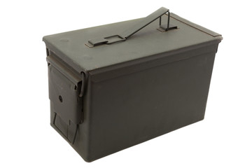 Green metal ammo box on white background