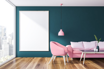 Loft blue living room with poster