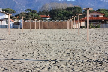 cabins on the sea used as locker rooms in the bathing establishments