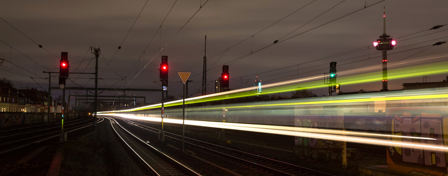 Fototapeta train speed lights at night