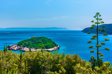 Croatia Mediterranean sea islands. / Scenic view at small picturesque island in front of Vis town, Croatia travel destinations.