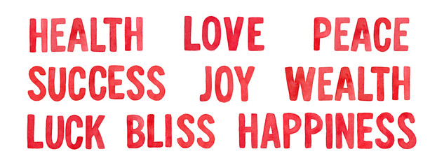 Set of bright red watercolour well wishing word list: health, love, peace, success, joy, wealth, luck, bliss, happiness. Hand painted drawing on white, cutout clip art elements for design decoration.
