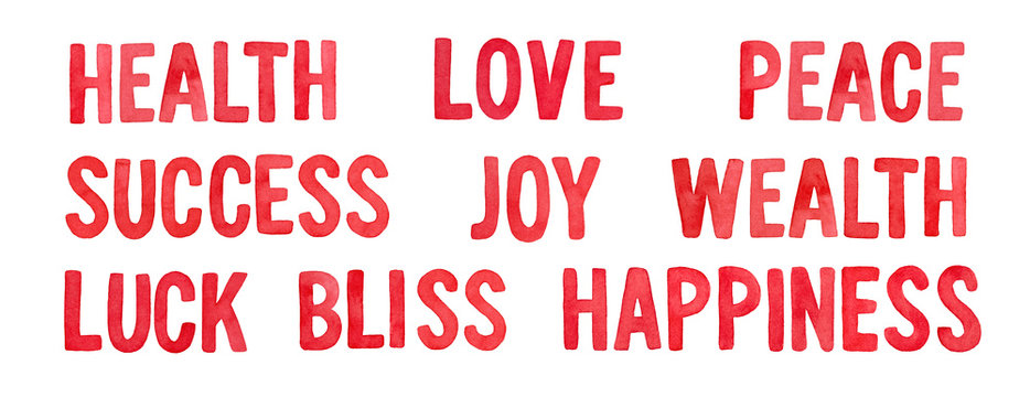 Set of bright red watercolour well wishing word list: health, love, peace, success, joy, wealth, luck, bliss, happiness. Hand painted drawing on white, cutout clip art elements for design decoration.