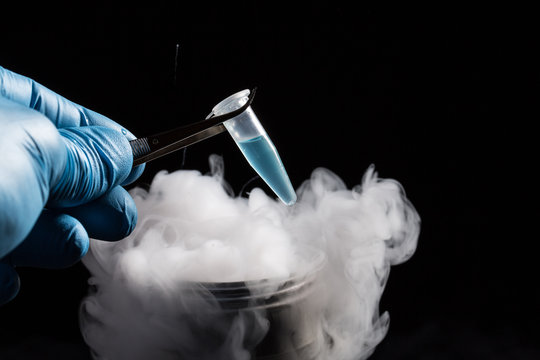 A scientist or lab personal freezes a tube filled with a light blue liquid in it © Alessandro Grandini