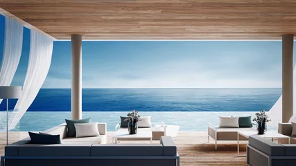 Fotobehang Living beach lounge - ocean villa on Sea view for vacation and summer / 3d render interior © tontectonix