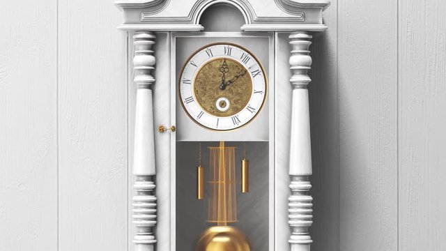 Beautiful white wooden vintage clock hanging on a bright wall timelapse. 4KHD