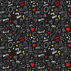 Love and Valentine Day seamless pattern vector illustration. Hand drawn sketched doodle romantic symbols background