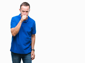 Fototapeta premium Middle age hoary senior man over isolated background feeling unwell and coughing as symptom for cold or bronchitis. Healthcare concept.