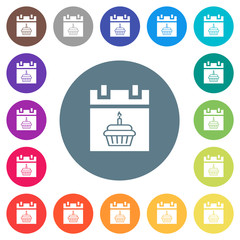 Birthday flat white icons on round color backgrounds