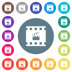 Movie production flat white icons on round color backgrounds