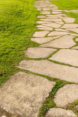 The stone walk way on green grass