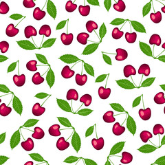 Cherry two berries with leaf seamless pattern isolated on white background. Vector illustration