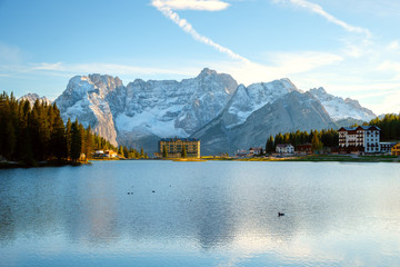 Misurina lake beautiful surroundings  the background Sorapiss mountain and Cristallo mountain of the north Dolomites in Italy, Europe. Near the lake the Drei Zinnen mountain ((Tre Cime di Lavaredo)