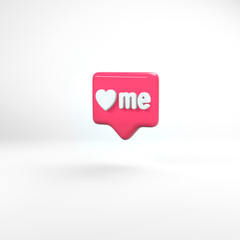 Bold pink 3d render. Shiny glossy plastic look. White background with shadows. Account growth, people interaction and connection, internet addiction problem. Digital life and emotions.