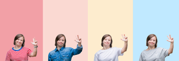 Collage of down syndrome woman over colorful stripes isolated background showing and pointing up with fingers number three while smiling confident and happy.