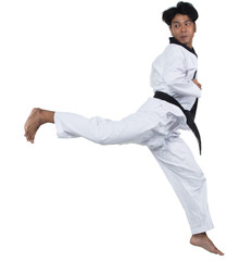 Master Black Belt TaeKwonDo handsome man instructor Teacher fighter show hit pose, studio lighting white background isolated.  White formal fighting suit, motion blur hand foots on taekwondo post.