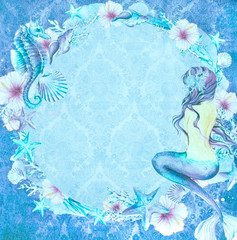 Mermaid/Nymph with Seahorse, Seashells and Floral Ornament. Illustration