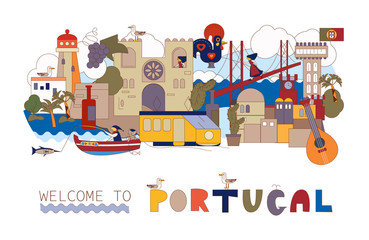 Portugal. Map of attractions of Lisbon. Historical and cultural. Tourism, travel