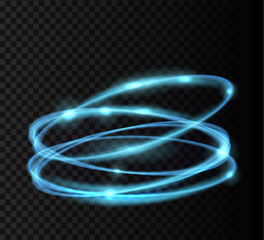 Blue glowing shiny spiral lines and circle light effect.  Abstract Glowing light fire ring trace. Magic sparkle circle light on transparent background. Vector illuastration.