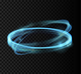 Blue glowing shiny spiral lines and circle light effect.  Abstract Glowing light fire ring trace. Magic sparkle circle light on transparent background. Vector illuastration.
