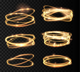 Set Golden glowing shiny spiral lines and circle light effect.  Abstract Glowing light fire ring trace. Magic sparkle circle light collection on transparent background. Vector illuastration.
