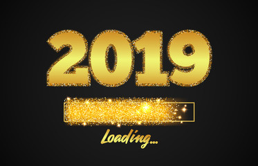 Golden Loading Bar showing progress almost reaching new year. Golden glitter and loading panel on black background. Vector New Year greeting card  illustration.
