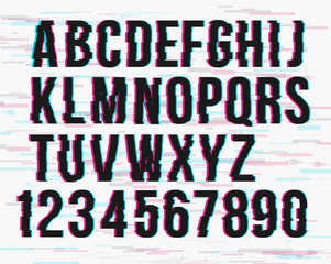 Trendy style distorted glitch typeface alphabet. Letters and numbers: A to Z and numbers from 0 to 9. Green and red channels. Vector illustration. 