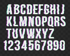 Trendy style distorted glitch typeface alphabet. Letters and numbers: A to Z and numbers from 0 to 9. Green and red channels. Vector illustration. 