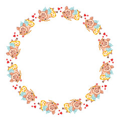 Round frame with cute cartoon Cupid pigs