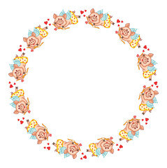 Round frame with cute cartoon Cupid pigs