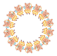Round frame with cute cartoon Cupid pigs