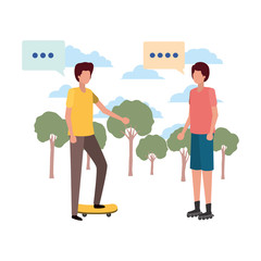 men in landscape with speech bubble avatar character