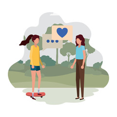 women in landscape with speech bubble avatar character