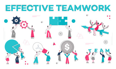 Vector teambuilding and successful team work concept characters set with stylized business men holding big gears, puzzles idea light bulb, golden coin above head, flying at arrow Isolated illustration