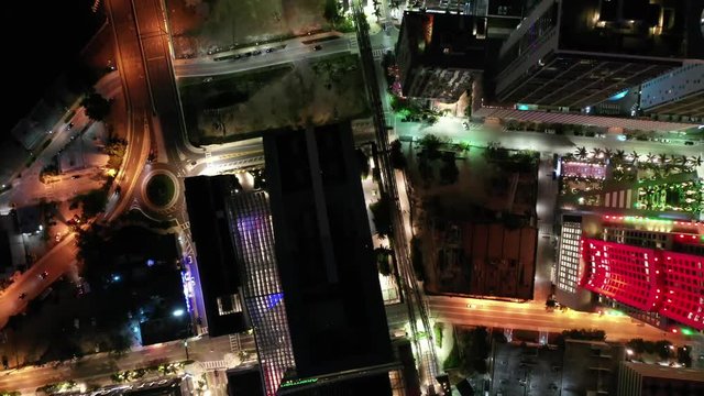 Aerial of architecture, landmarks and sights in Miami, Florida at Night.