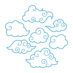 Asian Clouds Outline - Set of 7 Asian style clouds with light blue outline isolated on white background